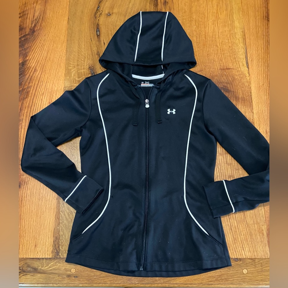Under Armour All Season Gear Black Zip Front Hoodie, White Piping & Pockets, XS